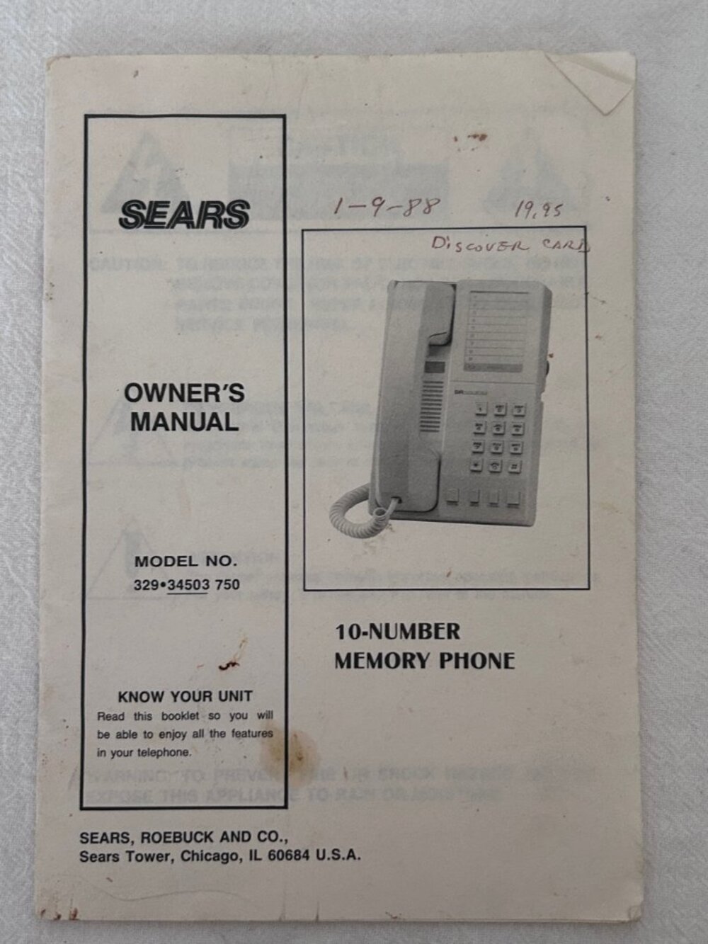 Vintage Sears 10-Number Memory Phone Owner's Manual Model No. 329 34503 750